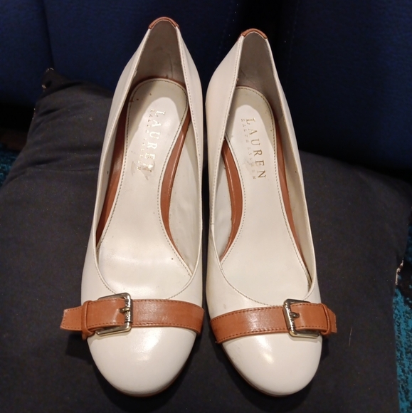 Lauren Ralph Lauren Leather White And Brown Heels Size 6B - Picture 1 of 6